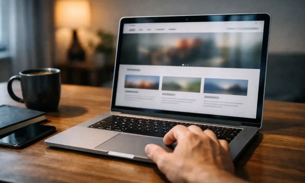 Person reviewing a blog website on a laptop