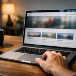 Person reviewing a blog website on a laptop