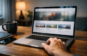 Person reviewing a blog website on a laptop