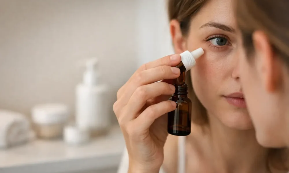 Close view of a person using eye serum near a mirror