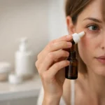 Close view of a person using eye serum near a mirror