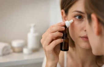 Close view of a person using eye serum near a mirror