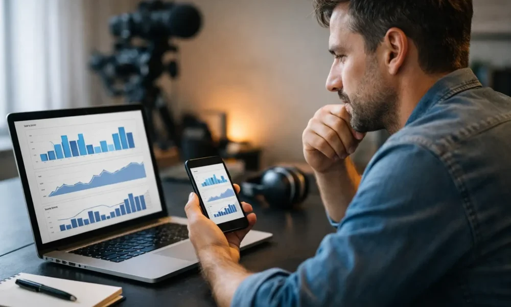 Creator comparing video platform earnings on a desk setup