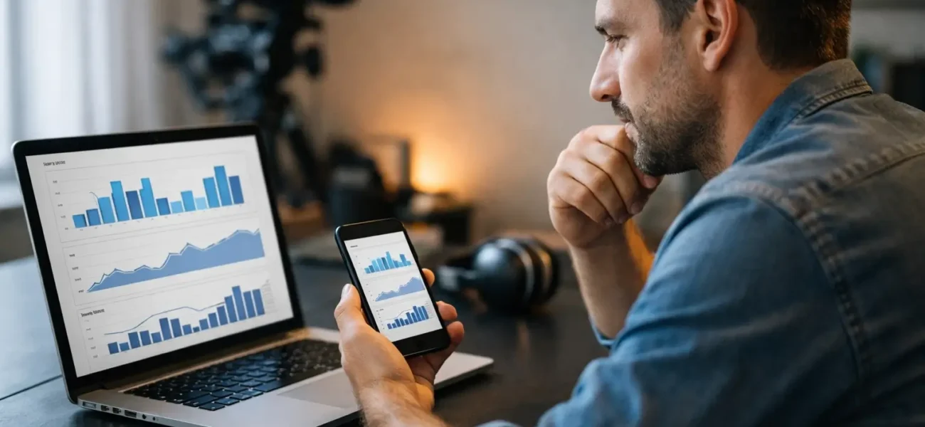 Creator comparing video platform earnings on a desk setup