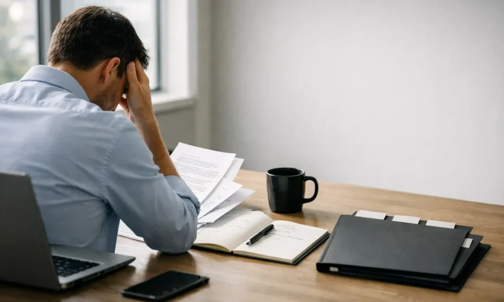 Employee reviewing complaint papers at an office desk