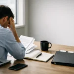 Employee reviewing complaint papers at an office desk