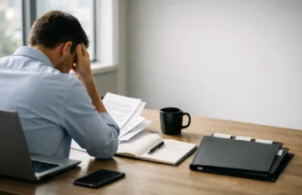 Employee reviewing complaint papers at an office desk