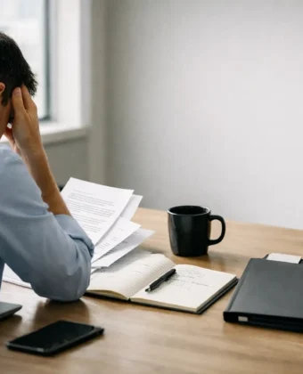Employee reviewing complaint papers at an office desk