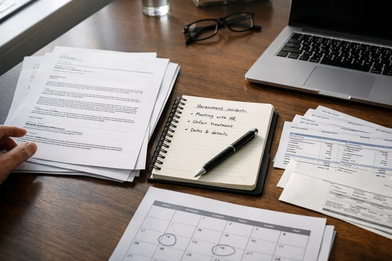 Workplace complaint documents organized on an office desk