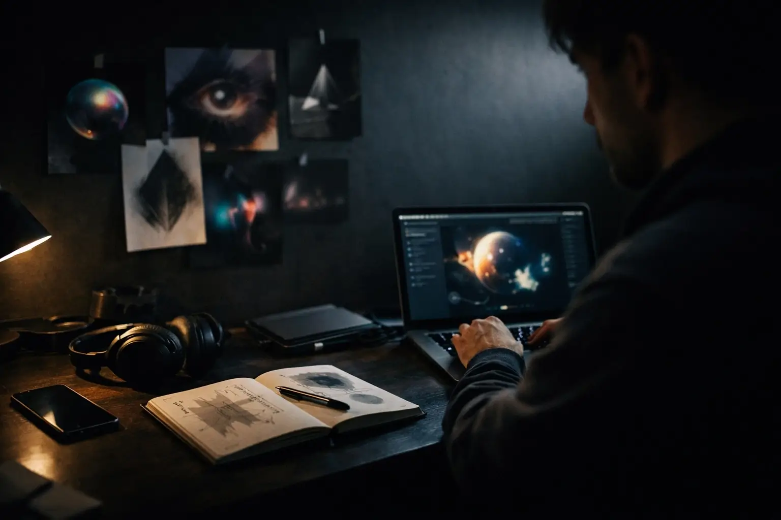 Person working on a digital project in a modern dark studio