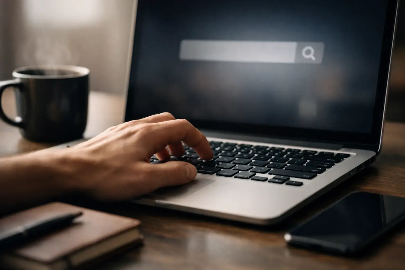 Hand typing a strange word on a keyboard at a desk