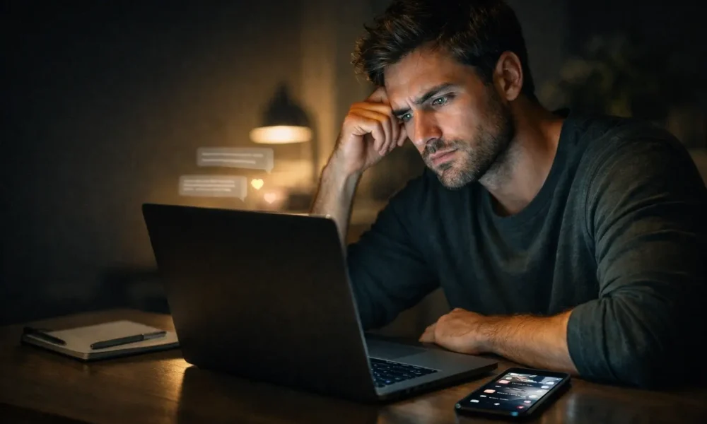 Person searching a strange internet word on a laptop at night