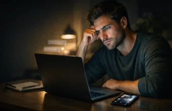 Person searching a strange internet word on a laptop at night