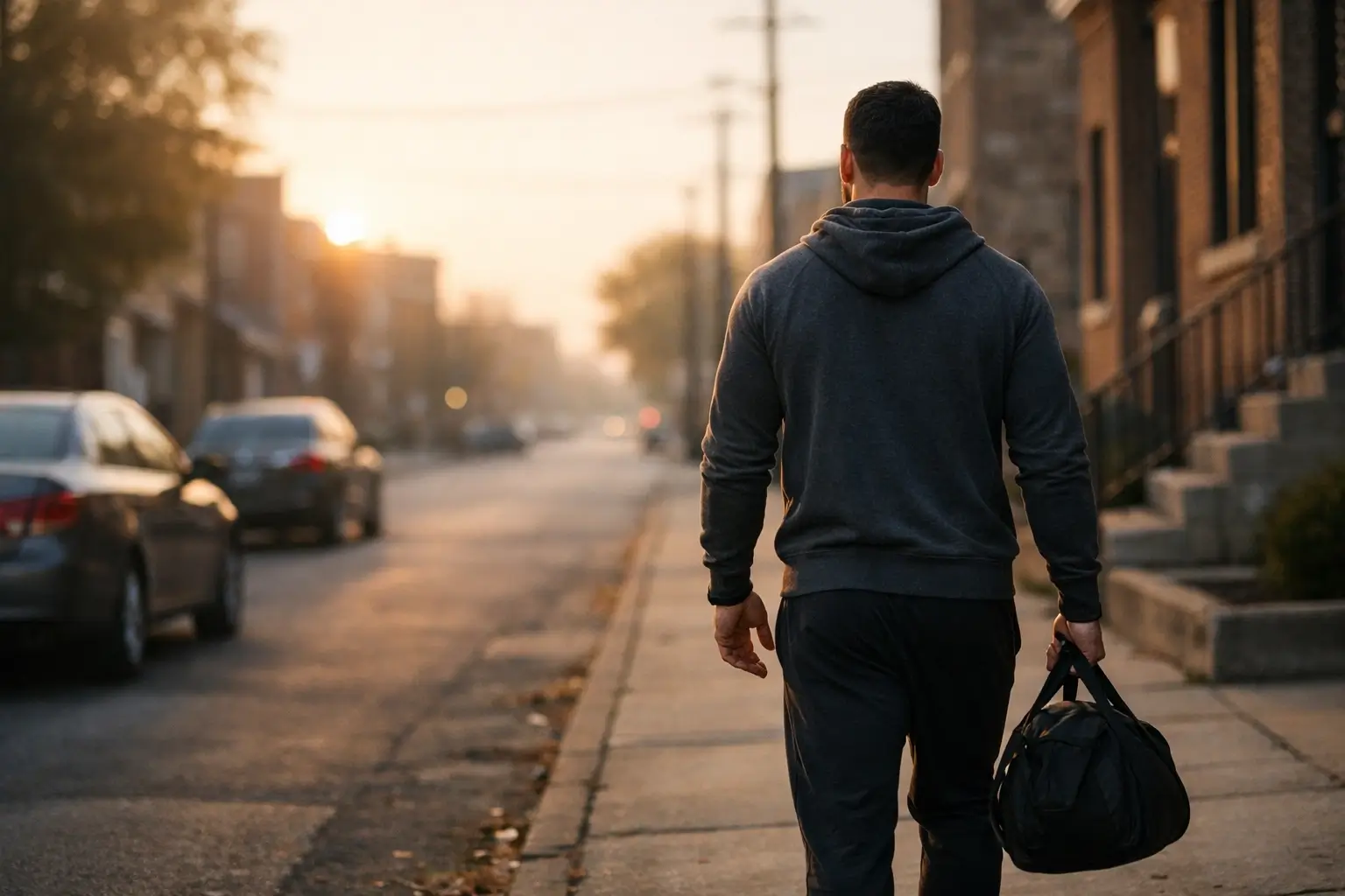 Man walking alone with a gym bag