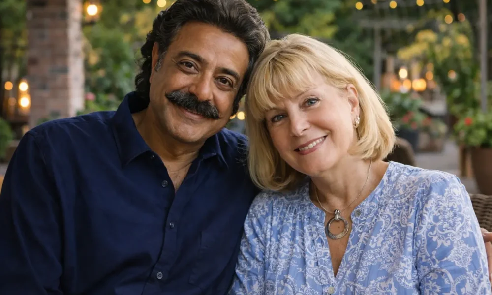 Ann Carlson Khan sitting beside a man in a warm indoor portrait photo