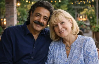 Ann Carlson Khan sitting beside a man in a warm indoor portrait photo