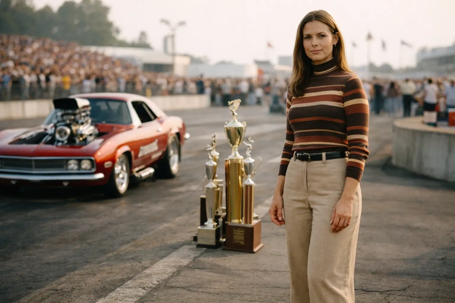 Respectful 1970s drag racing event portrait