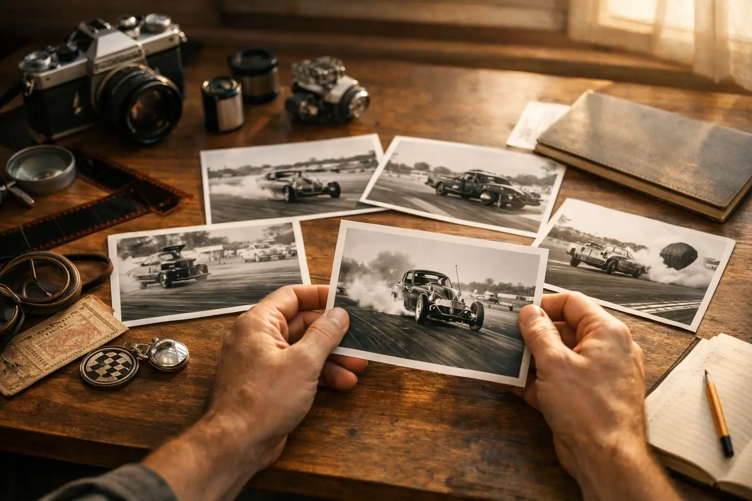 Archival racing images showing motorsport history