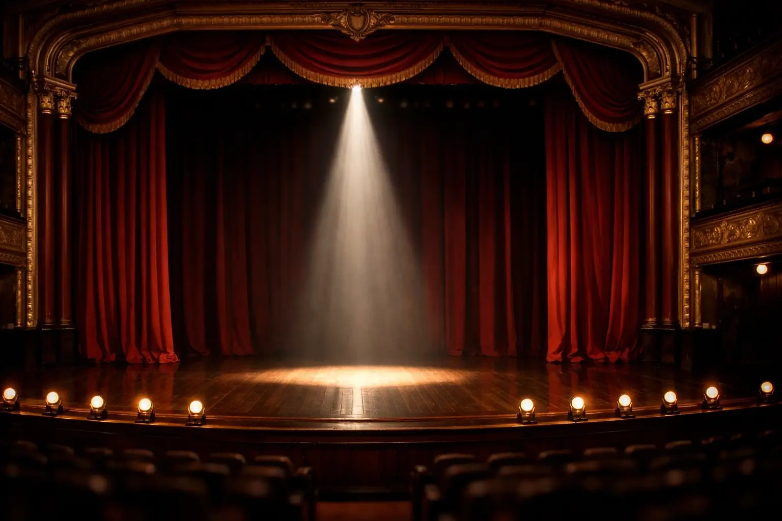 Professional theatre stage with red curtains and dramatic center spotlight