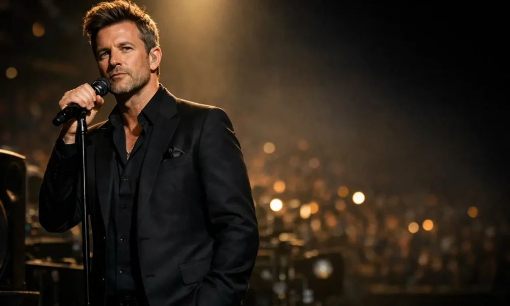 Craig David style singer performing on a lit concert stage