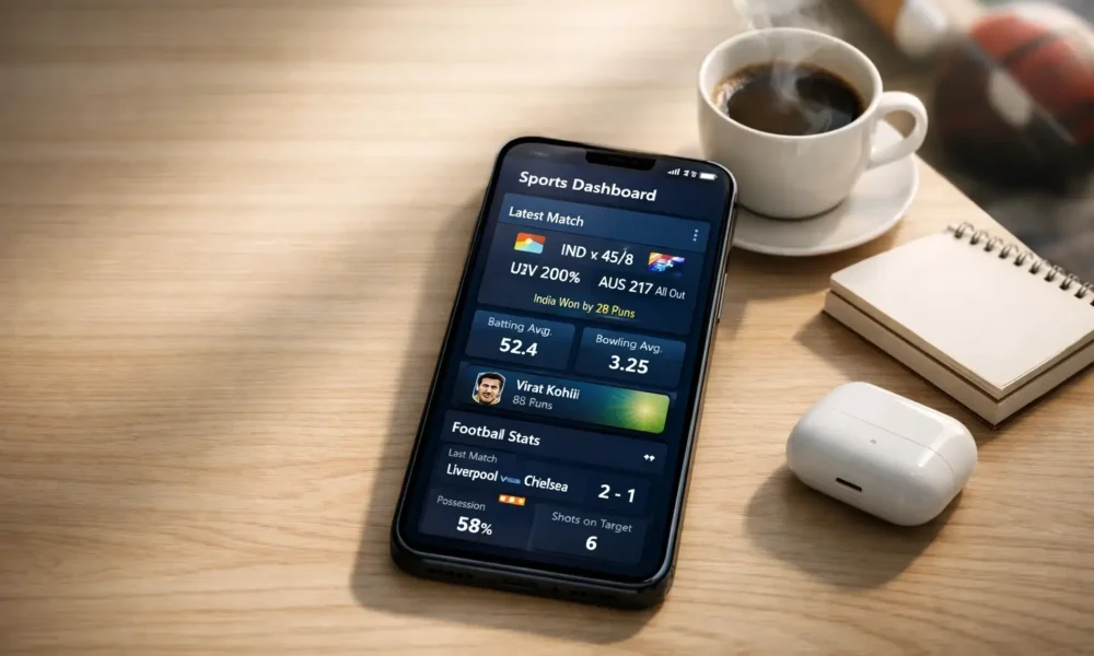 A smartphone showing Cricfooty sports dashboard with live cricket and football updates next to a coffee cup on a wooden desk.