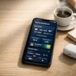 A smartphone showing Cricfooty sports dashboard with live cricket and football updates next to a coffee cup on a wooden desk.