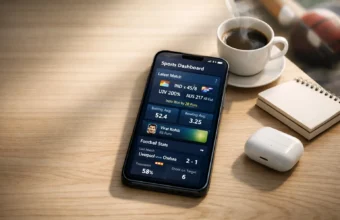 A smartphone showing Cricfooty sports dashboard with live cricket and football updates next to a coffee cup on a wooden desk.