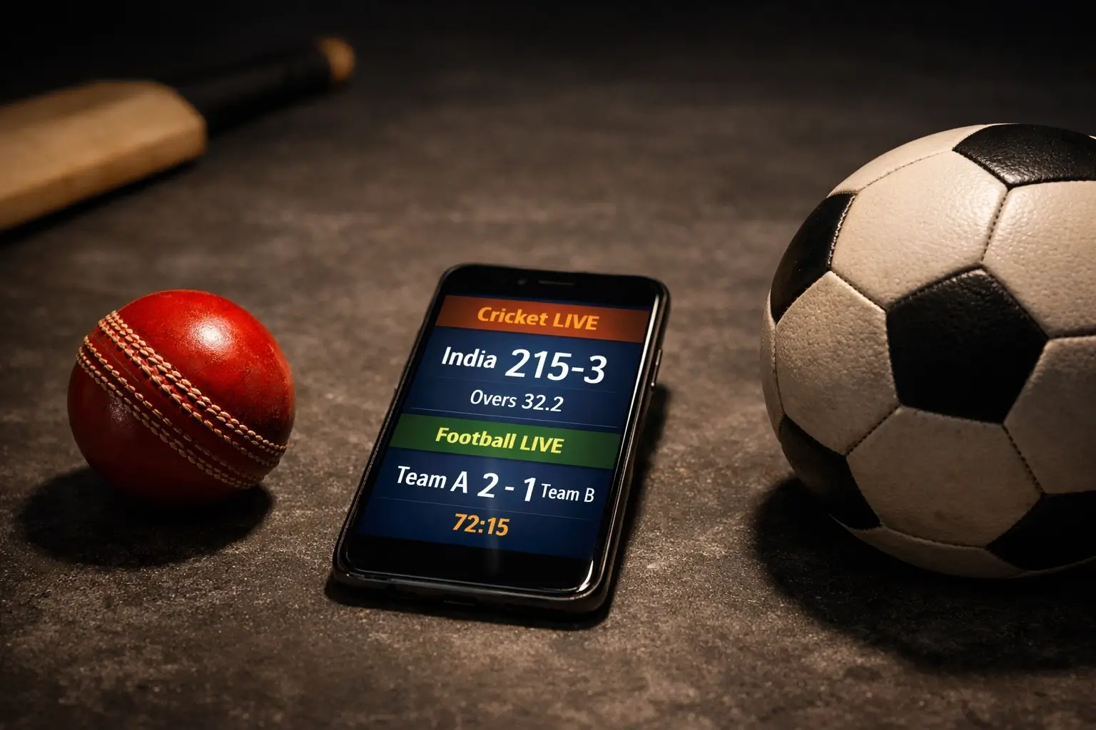 Cricket ball, football, and smartphone displaying live match scores and sports statistics on dark background.