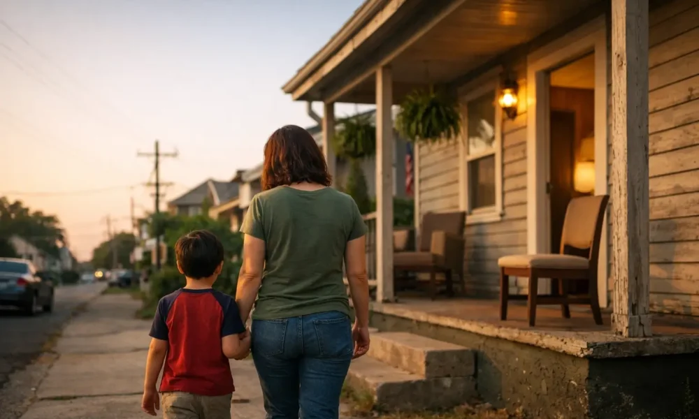 Mother and child walking to a New Orleans home at sunset