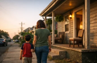 Mother and child walking to a New Orleans home at sunset