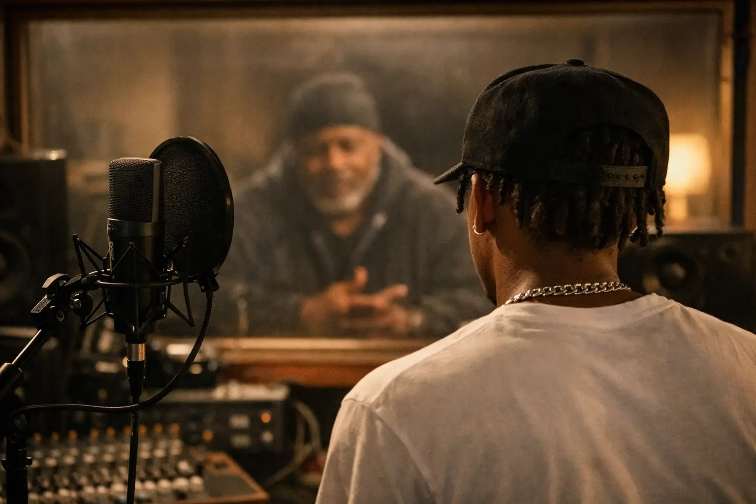 Music studio image with a young artist and father figure theme