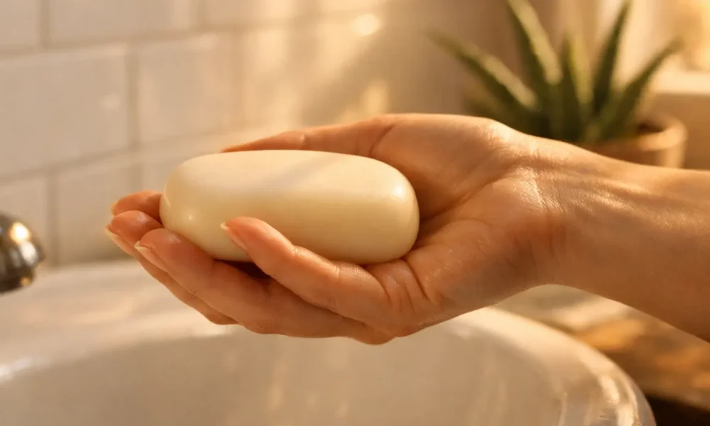A person gently holding a cream-colored natural soap bar over a sink during a calm skincare routine.