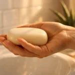A person gently holding a cream-colored natural soap bar over a sink during a calm skincare routine.