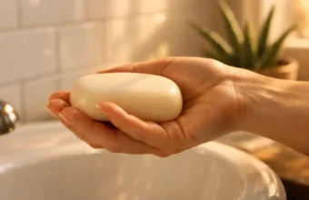 A person gently holding a cream-colored natural soap bar over a sink during a calm skincare routine.