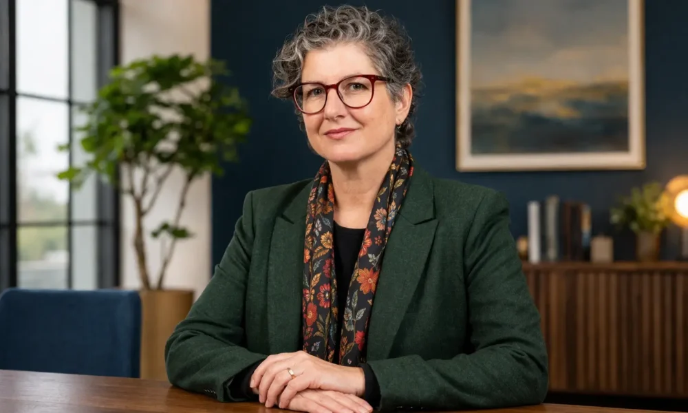Elizabeth Fogle in a professional portrait wearing glasses and formal clothing in a modern office setting.