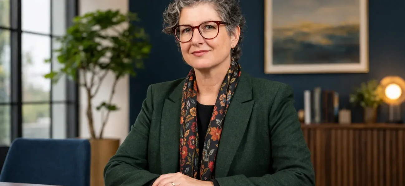 Elizabeth Fogle in a professional portrait wearing glasses and formal clothing in a modern office setting.
