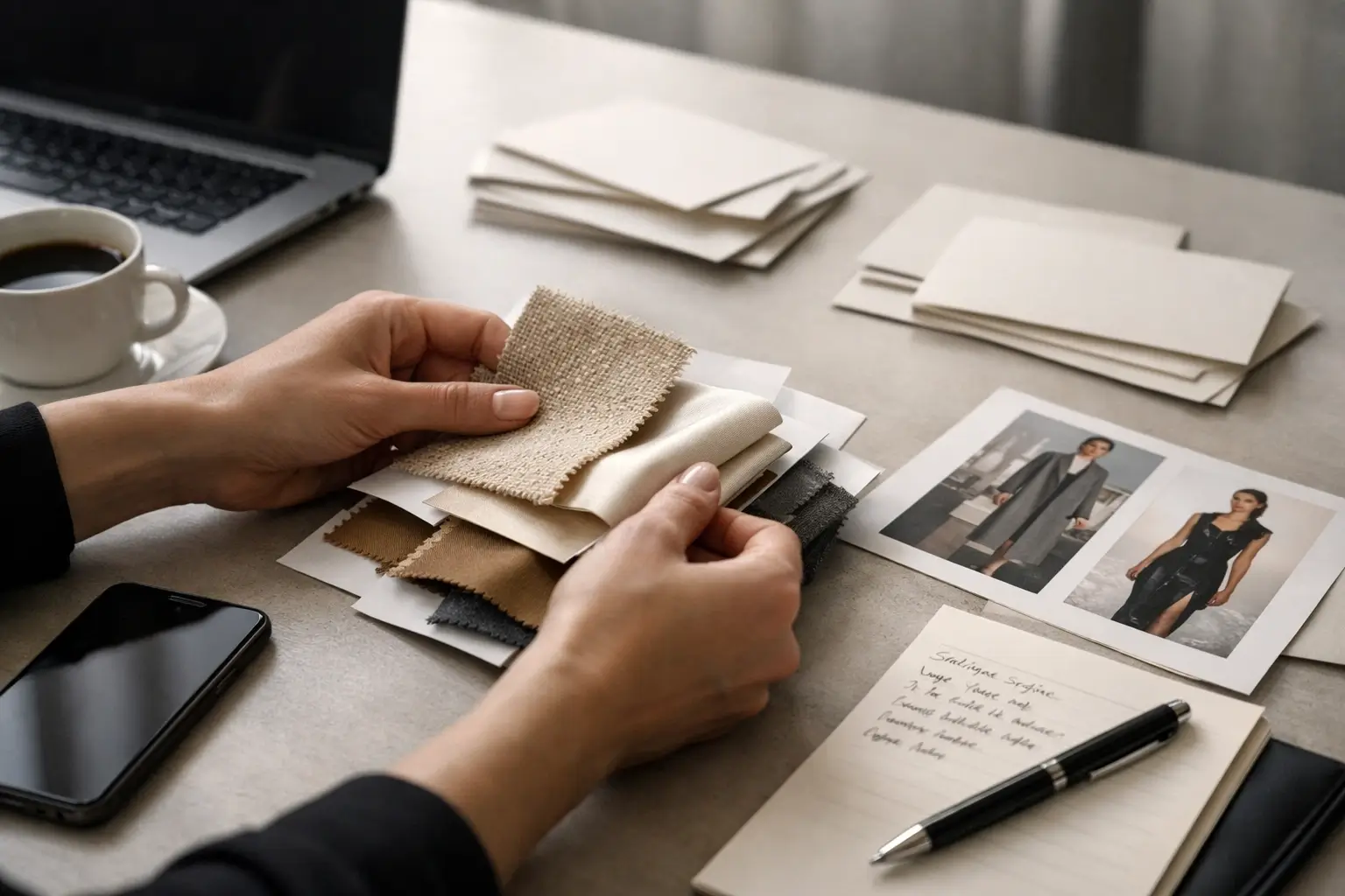 Luxury fashion workspace with media notes and fabric samples