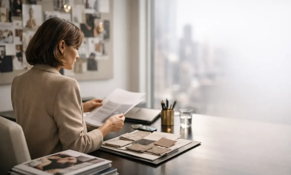 Fashion publicist desk scene with magazines and notes