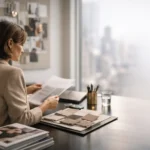 Fashion publicist desk scene with magazines and notes