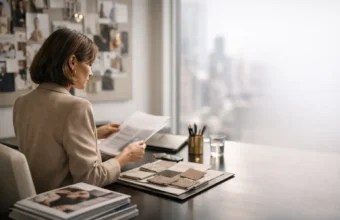 Fashion publicist desk scene with magazines and notes
