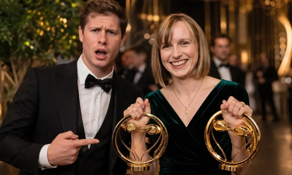Emma Nesper smiling at an award event while holding two gold trophies beside a man in formal wear.