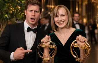 Emma Nesper smiling at an award event while holding two gold trophies beside a man in formal wear.