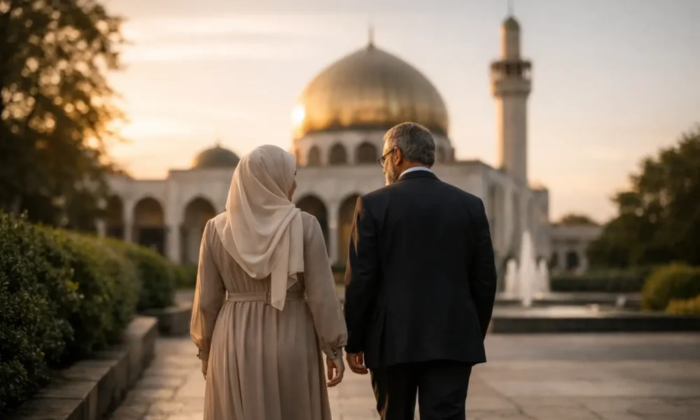 Modest couple walking near a London mosque
