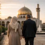 Modest couple walking near a London mosque