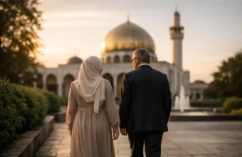 Modest couple walking near a London mosque