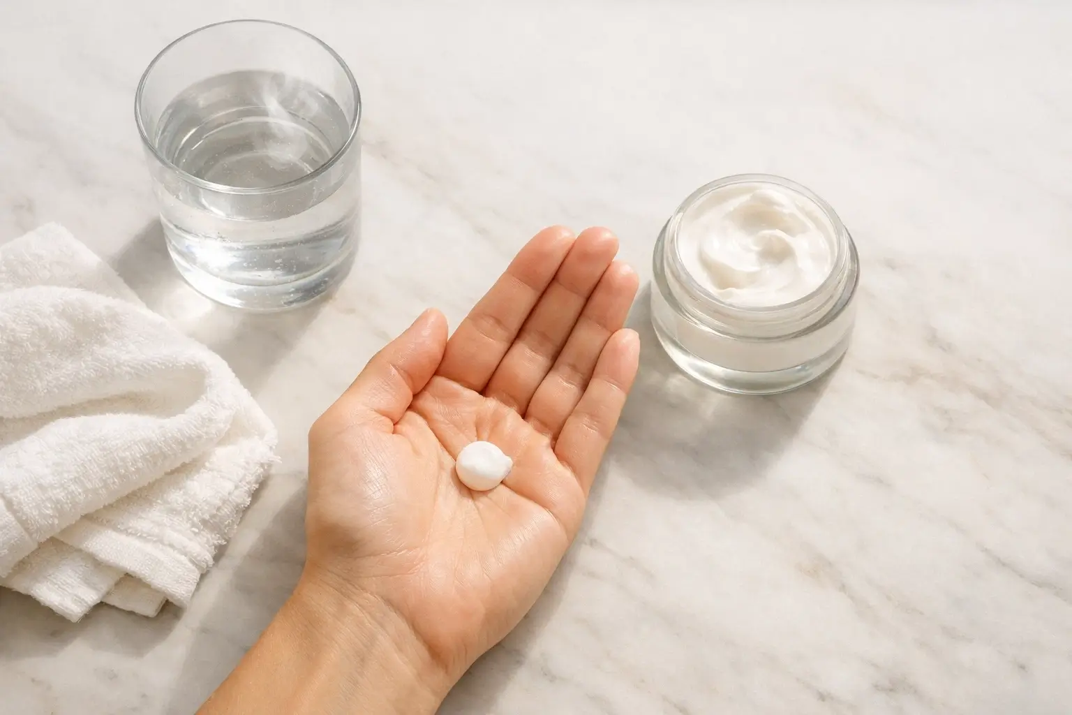 Overhead view of skincare essentials including cleanser, water glass, and moisturizer on a clean surface.