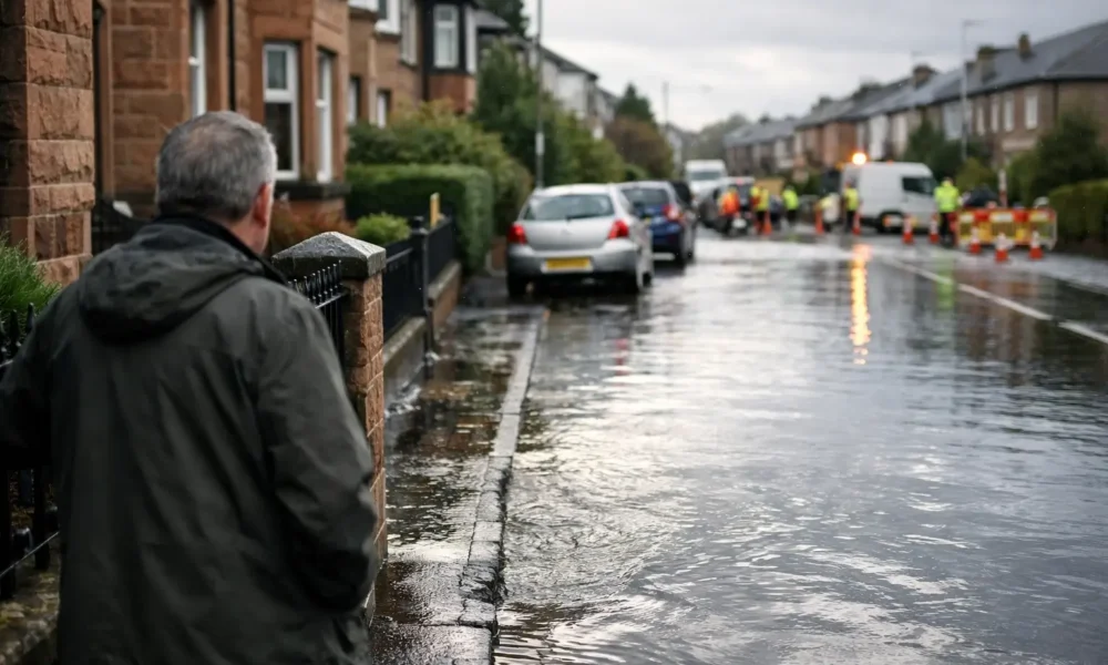 Flooded street in Glasgow after a water mains burst