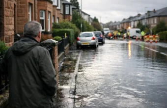 Flooded street in Glasgow after a water mains burst