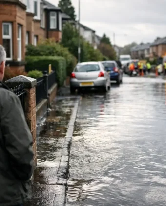 Flooded street in Glasgow after a water mains burst