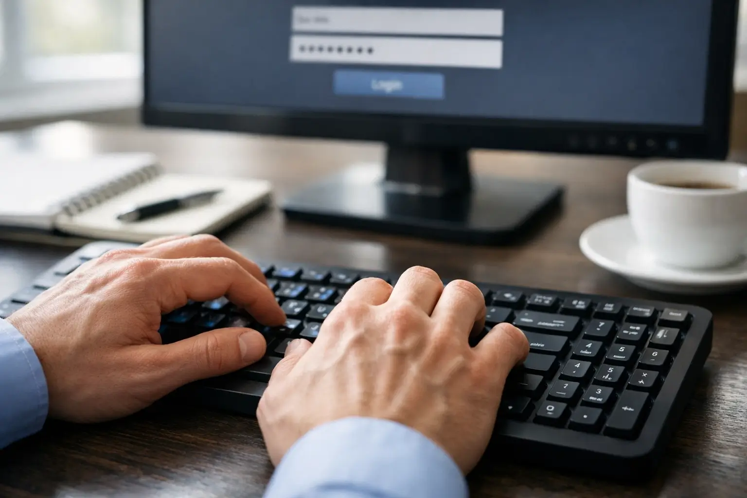 Close-up of hands typing password to log into McDonald's employee portal
